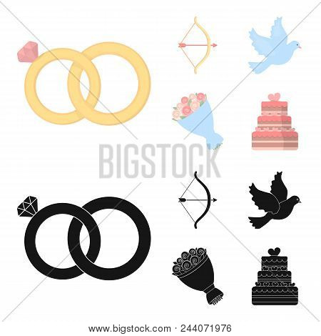 Arrow Cupid, Dove, Bouquet Of Flowers, Wedding Cake. Wedding Set Collection Icons In Cartoon, Black 