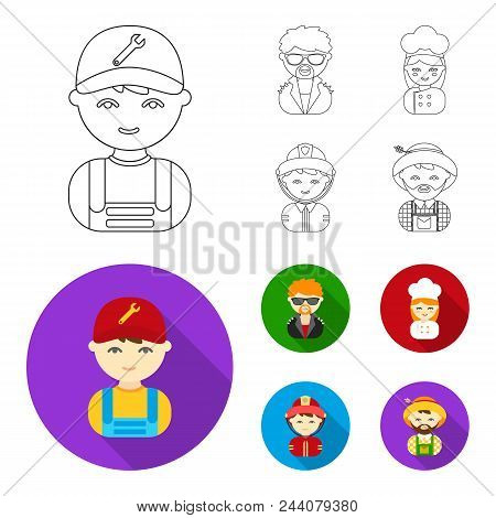 Mechanic, Entertainer, Cook, Fireman.profession Set Collection Icons In Outline, Flat Style Vector S