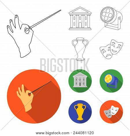 Conductor Baton, Theater Building, Searchlight, Amphora.theatre Set Collection Icons In Outline, Fla