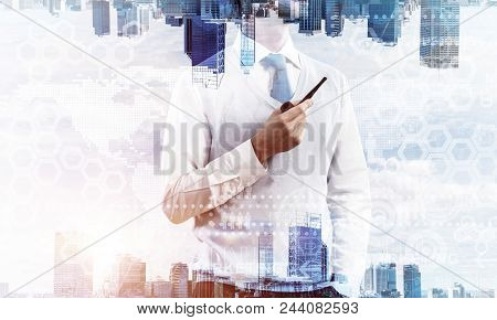 Confident And Young Businessman In Smart-casual Wear Smoking Pipe And Modern Cityscape With Business