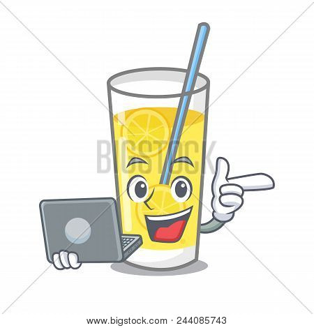 With Laptop Lemonade Character Cartoon Style Vector Illustration
