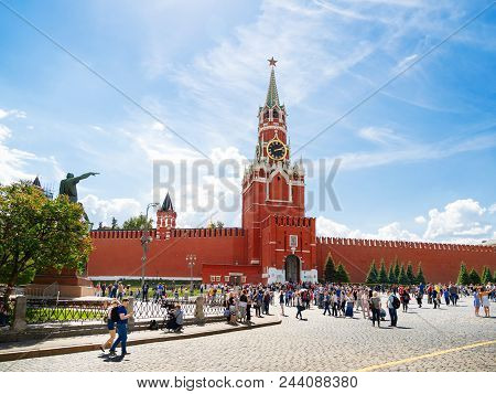 Moscow, Russia - June 03, 2018. People Walking On Red Square Near Spasskaya Tower. Famous Landmark W