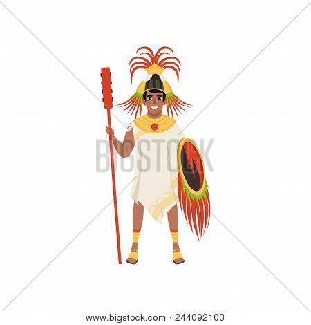 Aztec Warrior Man Character In Traditional Clothes And Headdress Standing With Shield And Spear Vect