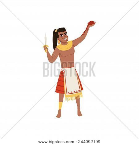 Aztec Warrior Man Character In Traditional Clothes With Dagger Vector Illustration Isolated On A Whi