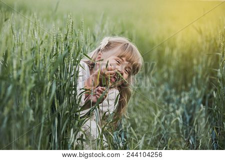 Happy Little Girl On Green Wheat Field