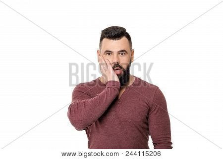 Sad Bearded Football Fan Screaming On White Background. Man Watching Sports And Supporting Team