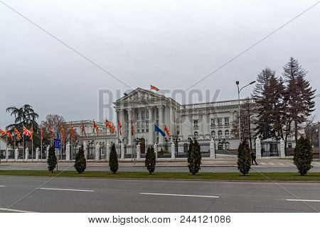 Skopje, Republic Of Macedonia - February 24, 2018:  Building Of Government Of The Republic Of Macedo