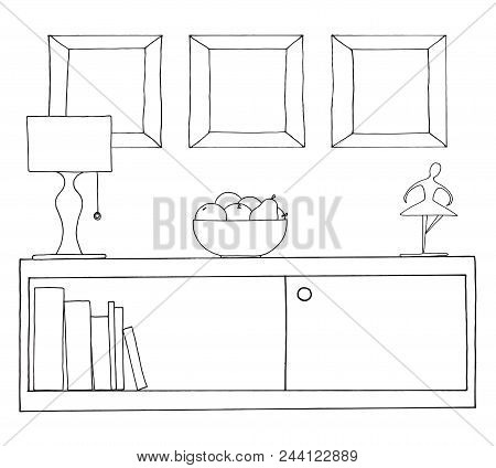 Sketch Of The Interior. A Table, A Bedside Table, A Shelf With Various Interior Items. Can Be Used A
