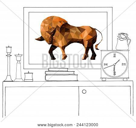 Sketch Of The Interior. A Table, A Bedside Table, A Shelf With Various Interior Items. Can Be Used A