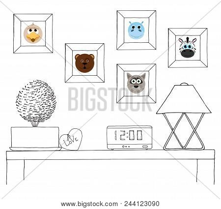 Sketch Of The Interior. A Table, A Bedside Table, A Shelf With Various Interior Items. Can Be Used A