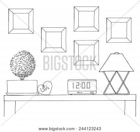 Sketch Of The Interior. A Table, A Bedside Table, A Shelf With Various Interior Items. Can Be Used A