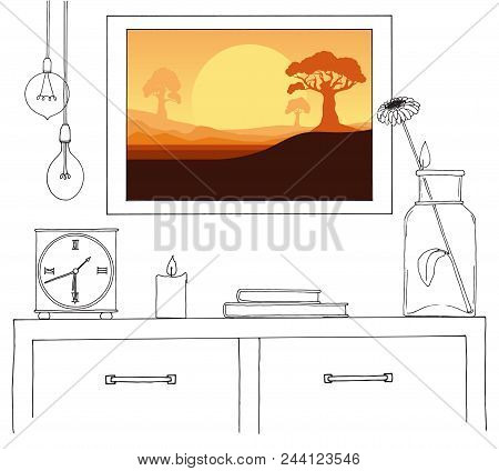 Sketch Of The Interior. A Table, A Bedside Table, A Shelf With Various Interior Items. Can Be Used A