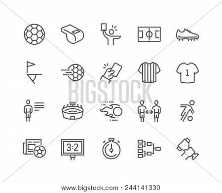 Simple Set Of Soccer Related Vector Line Icons. Contains Such Icons As Stadium, Field, Championship 