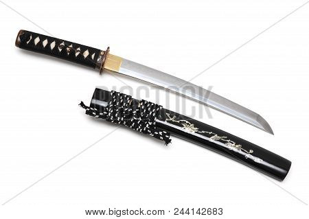Aigushi Or Tanto Short Japanese Sword With Scabbard Isolated In White Background