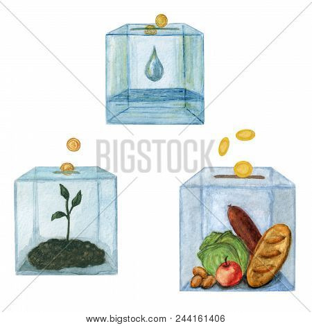 Metaphoric Illustration Of Charity - Set Of Moneyboxes For Donation - Watercolor Hand Painted Illust