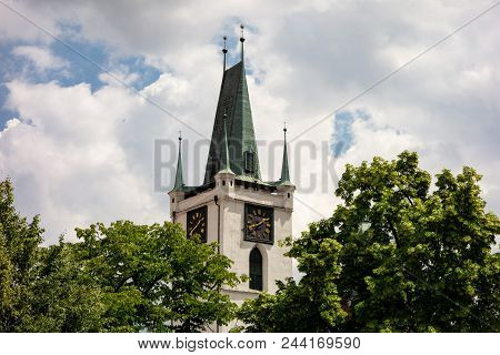 Kamenna Vez (stony Tower) With Clocks Of The Church Of All Saints In Litomerice, Czech Republic Hidd