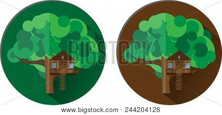 Colorful Icons With Wooden House On A Tree