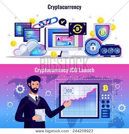 Cryptocurrency Horizontal Banners With Blockchain Technology Icons And Man Demonstrating Graph Of Ic