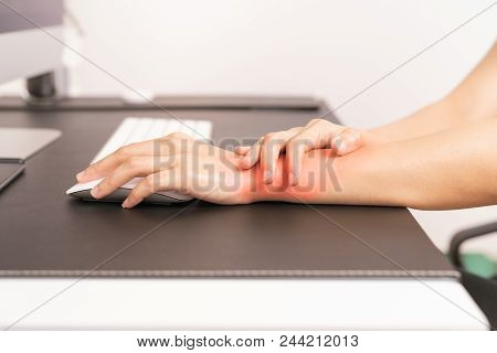 Woman Wrist Hand Arm Pain Long Use Mouse Working. Office Syndrome Healthcare And Medicine Concept