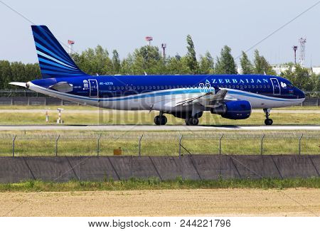 Borispol, Ukraine - May 26, 2018: 4k-az79 Azal Azerbaijan Airlines Airbus A320-200 Aircraft Running 