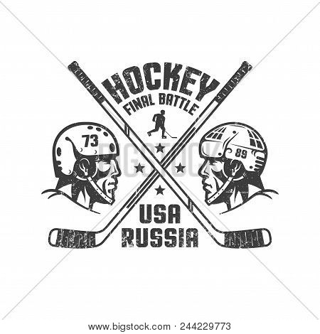 Vintage Sports Logo - Two Profiles Of Hockey Players In Helmets From Different Teams, Crossed Stics 
