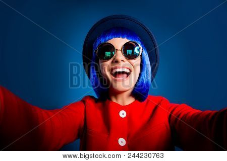 Self Portrait Of Cheerful Positive Woman With Beaming Smile Shooting Selfie On Front Camera With Two