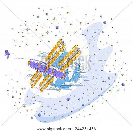 Space Station Orbiting Around Earth, Spaceflight, Spacecraft Spaceship Iss With Solar Panels, Artifi