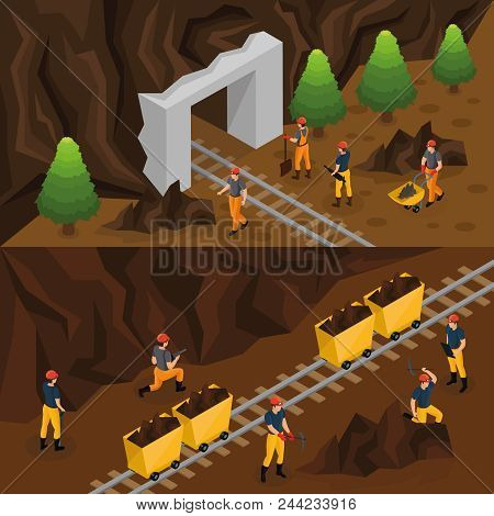 Isometric Coal Extraction Industry Horizontal Banners With Miners Working In Mine And Near Entrance 