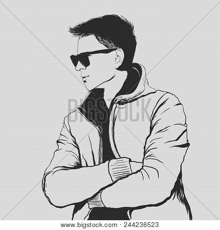 Handsome Young Adult Man In Sunglasses. Hand Drawing Vector Illustration Silhouette Style . Man With