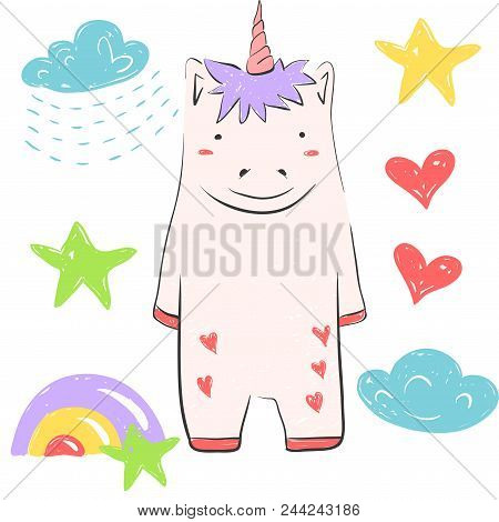 Funny Unillustration With Star, Rainbow, Clud, Rain, Heart. Illustration About Fairy Animals For Chi