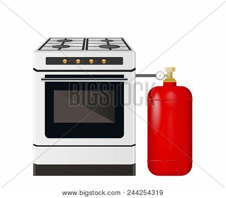 Kitchen Stove With A Red Gas Cylinder. Vector Illustration. A Container Of Butane.
