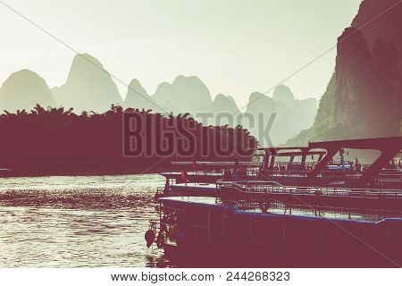 Sunset At Li River, Xingping, Guilin, China. Xingping Is A Town In North Guangxi, China.