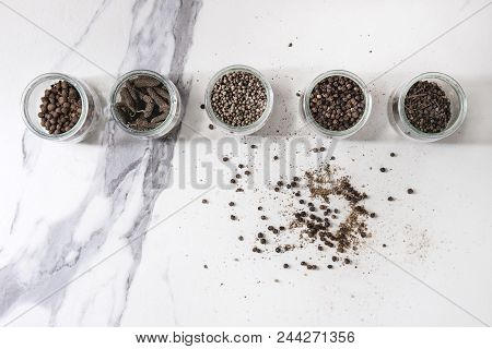 Variety Of Different Black Peppers Allspice, Pimento, Long Pepper, Monks Pepper, Peppercorns And Gro