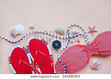 Summer Fashion Flatlay With Gradient Round Sunglasses, Red Flats And Striped Bikini Top. Decorated W