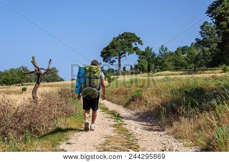Hiking In Famous Lycian Way In The Turkey. Backpacker In The Trail.