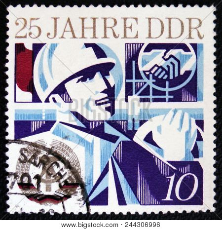 Moscow, Russia - January 7, 2017: A Stamp Printed In Ddr (germany) Devoted To The 25 Anniversary Of