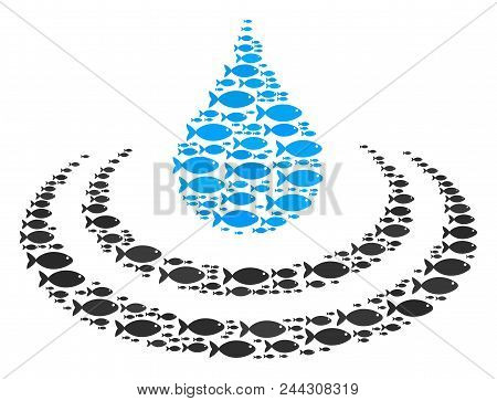 Drop Ripple Vector Collage Created From Randomized Fish Icons In Variable Sizes. Fish Icons Are Form