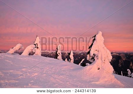 Travel British Columbia. North Vancouver Ski Resort On Mount Seymour.  Beautiful Sunrise Colours And