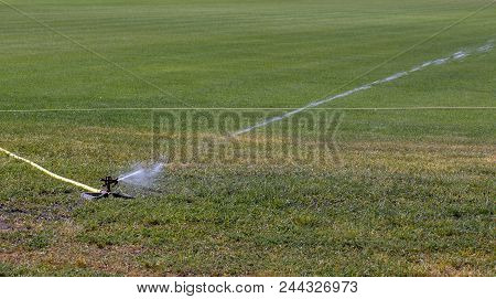 Automatic Sprinkler System Watering The Lawn On A Background Of Green Grass, Close-up