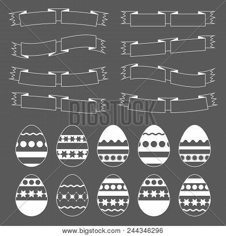 Set Of White Isolated Easter Eggs On A Black Background. Simple Flat Vector Illustration. Suitable F
