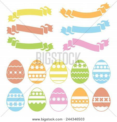 Set Of Colored Isolated Easter Eggs And Ribbon Banners On White Background. With An Abstract Pattern