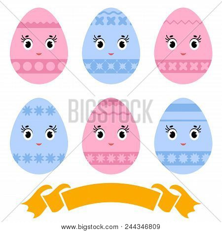 Set Of Colored Isolated Cute Easter Eggs On A White Background. With An Abstract Pattern. Simple Fla