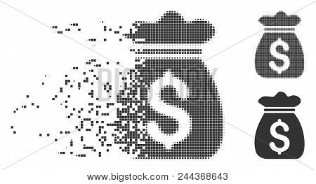 Dispersed Money Bag Pixel Icon With Disintegration Effect. Halftone Pixelated And Undamaged Whole Gr