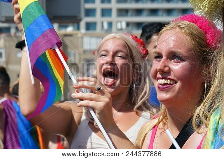 Tel Aviv Israel - 8 June 2018: The Annual Parade Lgbt. Gay And Lesbians Walking In The Gay Pride Par
