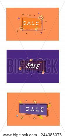 Set Of Sale Banners With Geometric Abstract Composition. Horizontal Promotion Cards With Sliced Tren