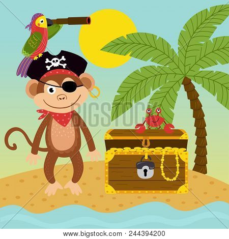 Pirate Monkey On Island Near Treasure Chest  - Vector Illustration, Eps