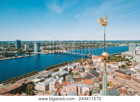 May 20, 2018. Riga, Latvia. Beautiful Aerial Riga View From Above With Golden Rooster On The Top Of 