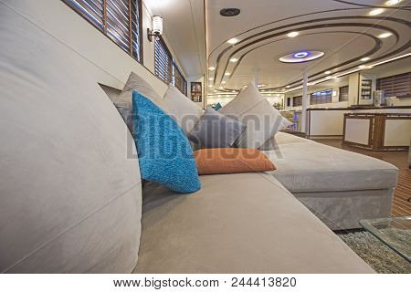 Interior Design Furnishing Decor Of The Salon Area In A Large Luxury Motor Yacht
