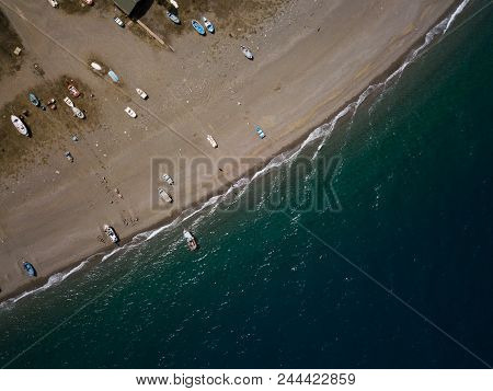 Sea Shore, Little Fishing Boats Are Parking At The Beach, Drone Brids Eye View, Sicily, Italy
