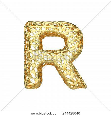 Alphabet Letter R Uppercase. Gold Font Made Of Yellow Cellular Framework. 3d Render Isolated On Whit